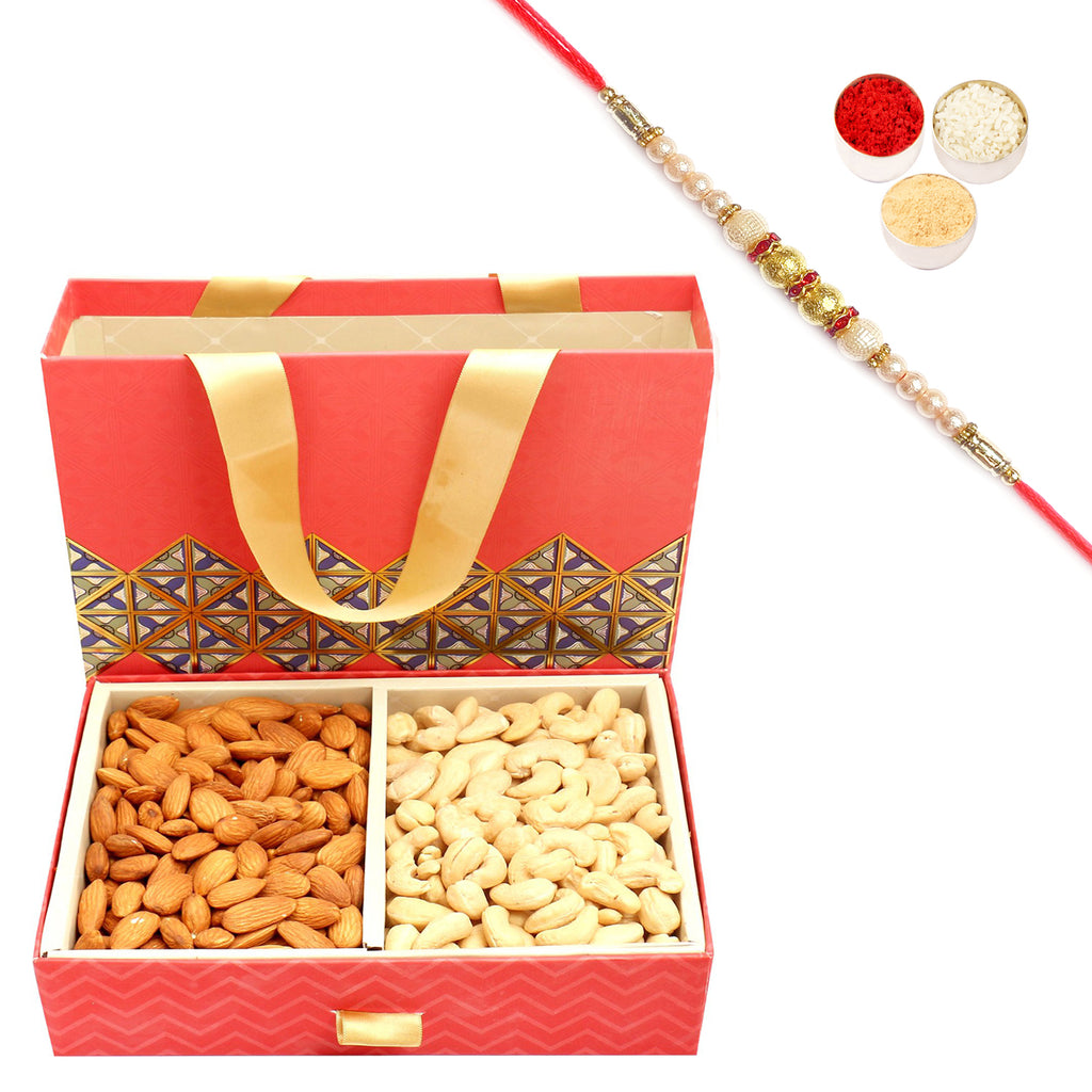 2 Part Almonds Cashews Bag Box 300 gms with Pearl Rakhi