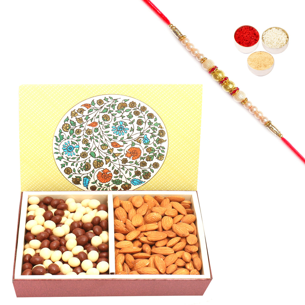 2 Part Eco Almonds and  Nutties  Box with Pearl Rakhi