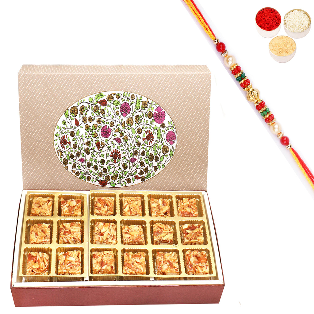 3 Part 18 Eco  Pcs Roasted Almond Bites Box with Pearl Beads Rakhi