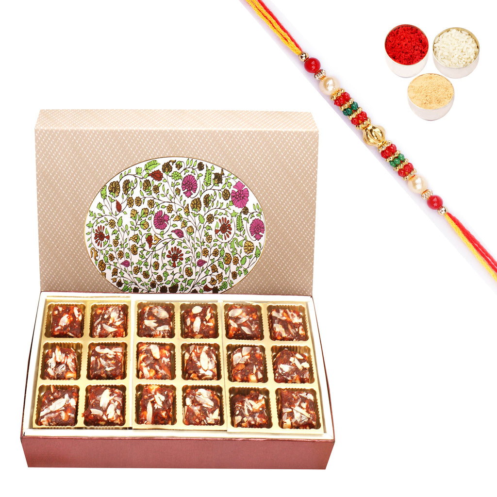 3 Part Eco 18  Pcs Sugarfree Dates and Figs Bites Box with Pearl Beads Rakhi