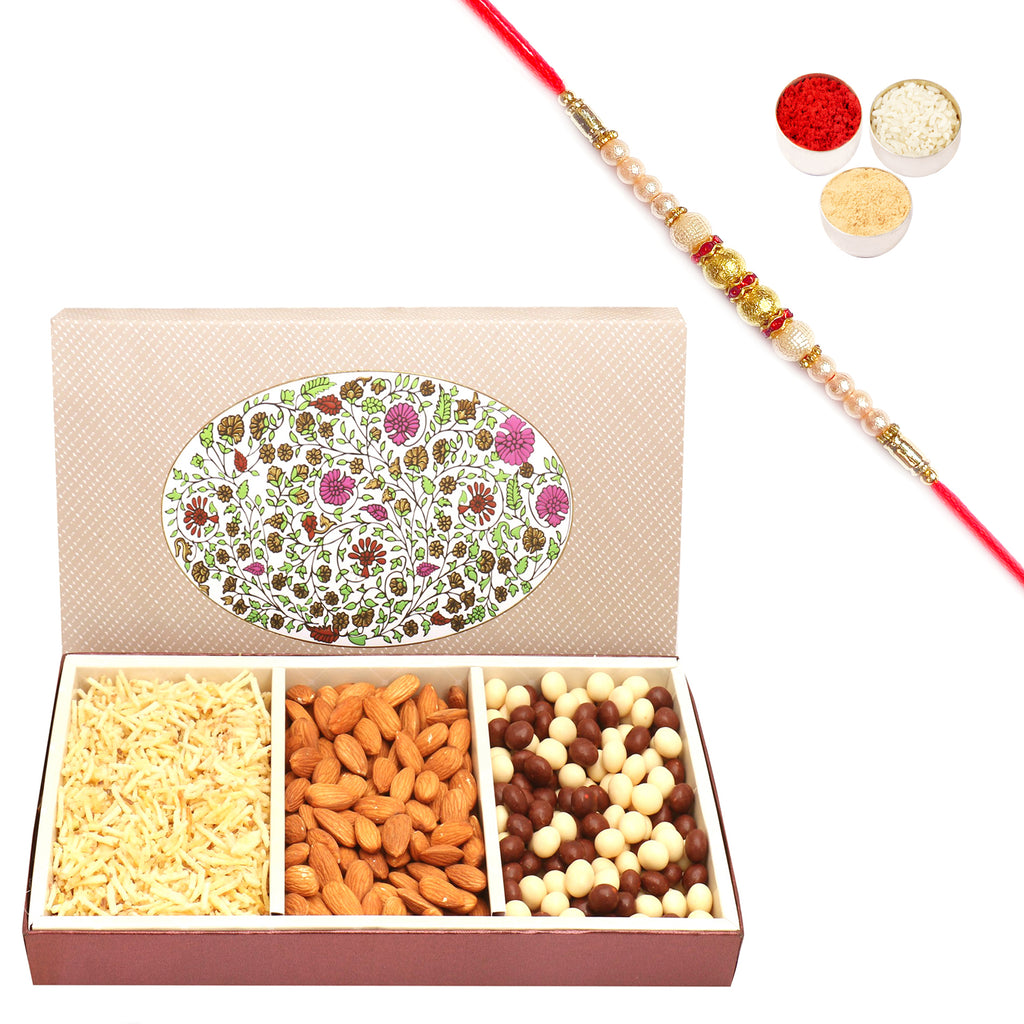 3 Part Eco Almonds, Nutties and Namkeen Box with Pearl Rakhi