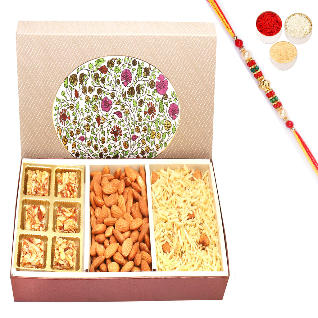 3 Part Eco Almonds, Roasted Almond Bites and Namkeen Box with Pearl Beads Rakhi