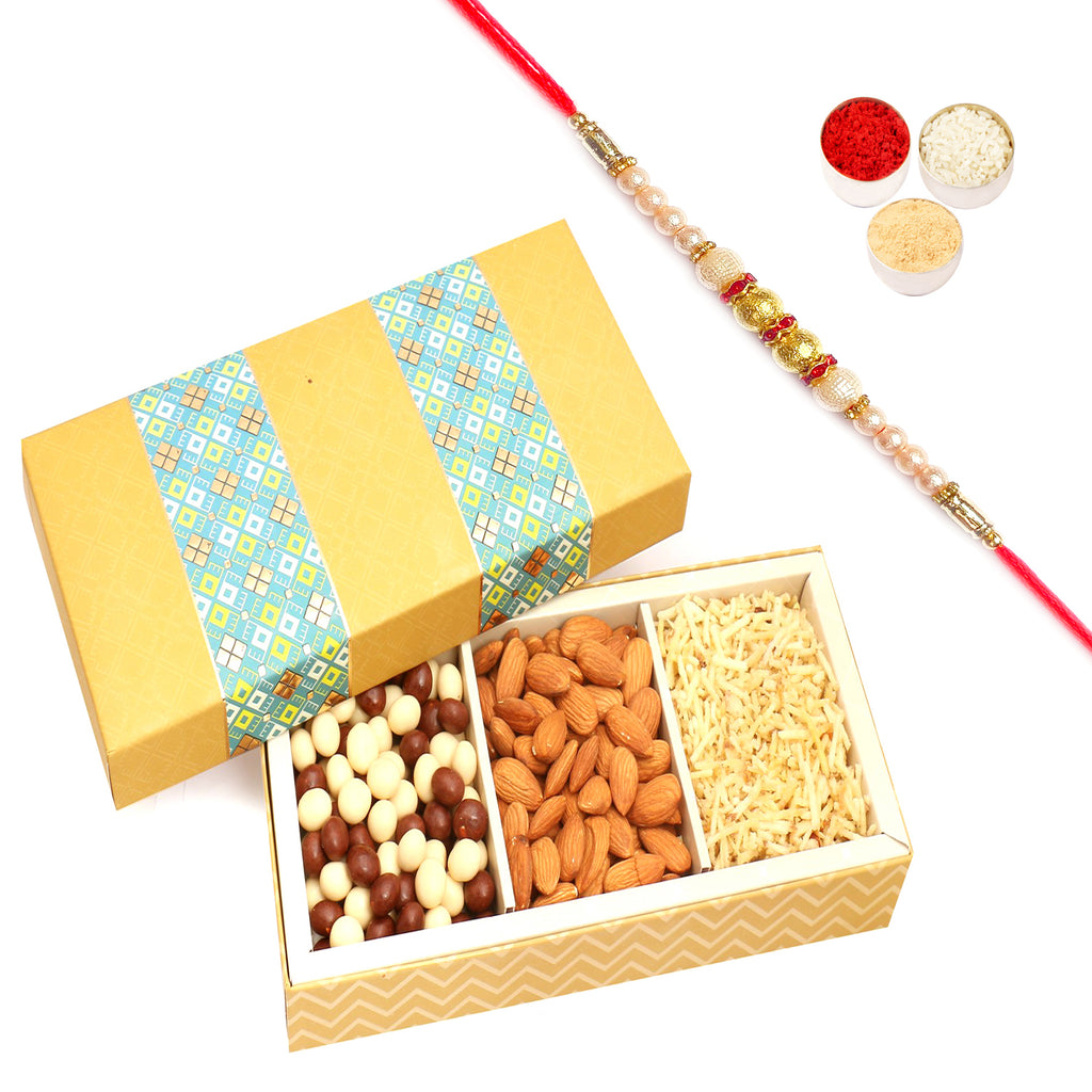 3 Part Print Almonds, Nutties and Namkeen Box with Pearl Rakhi