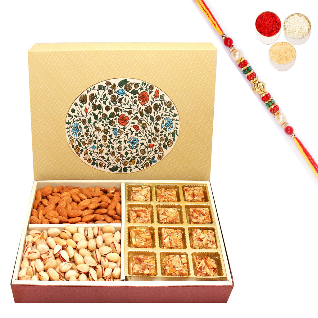 Eco 4 Part Print 12 Pcs Roasted Almond Bites ,Almonds and Pistachios Hamper Box with Pearl Beads Rakhi