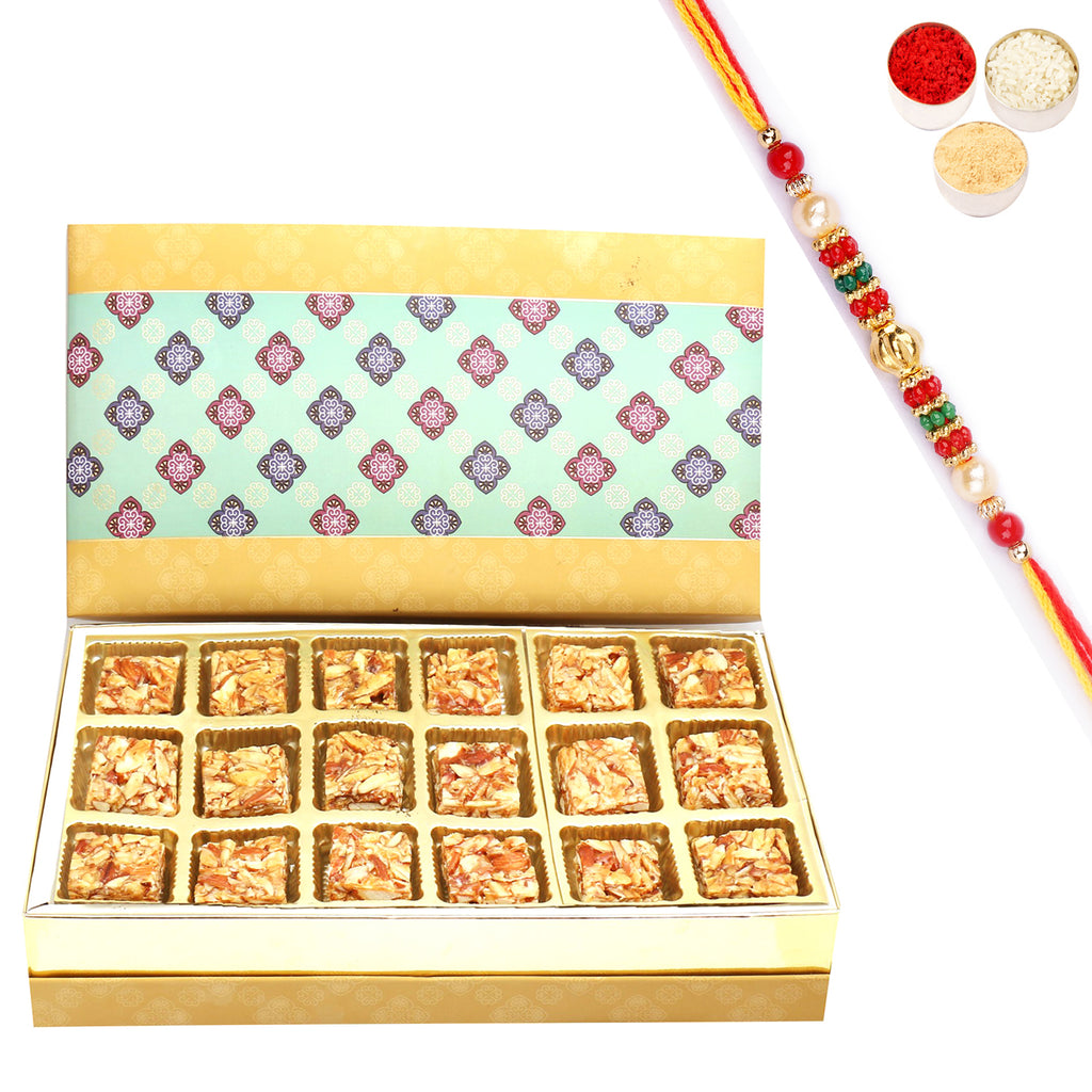5 Part 18 Print Pcs Roasted Almond Bites Box with Pearl Beads Rakhi