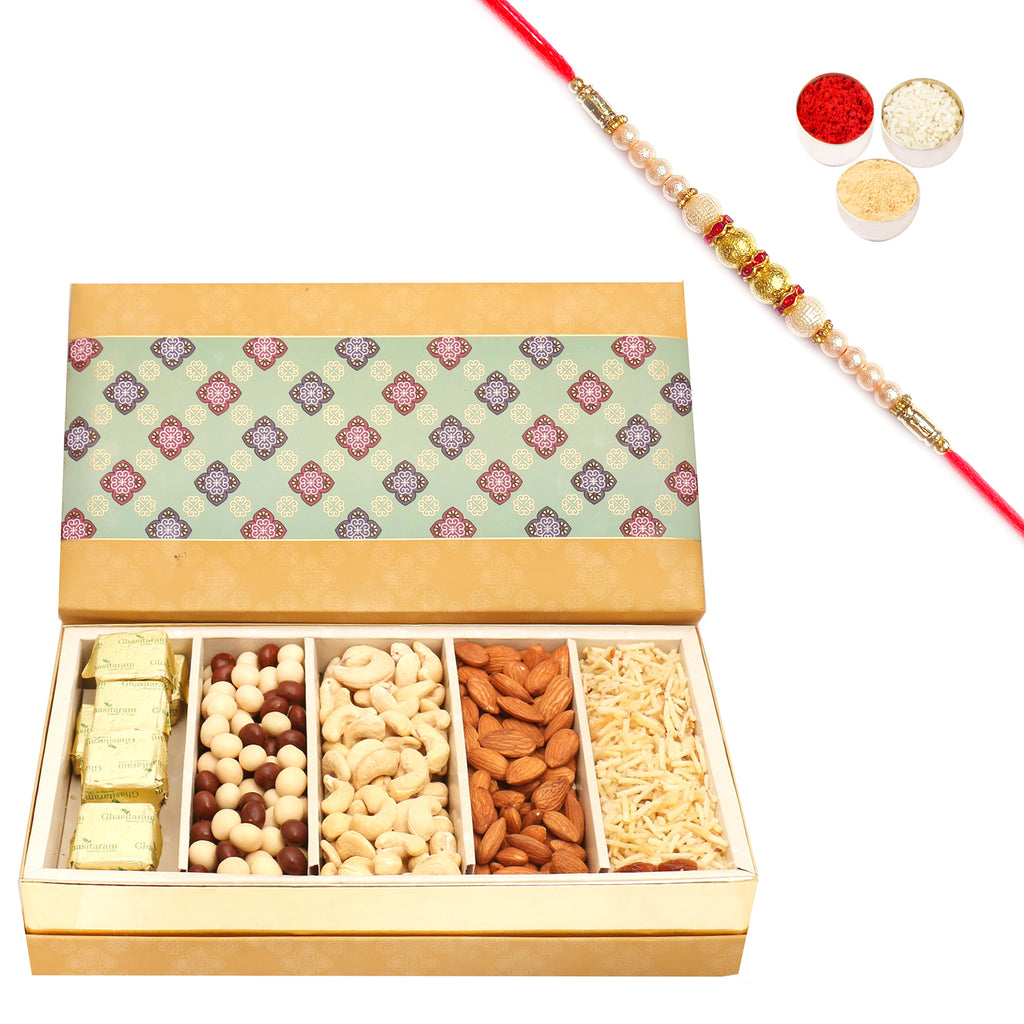 5 Part Print Almonds, Cashews, Nutties , Namkeen and Chocolate Box with Pearl Rakhi