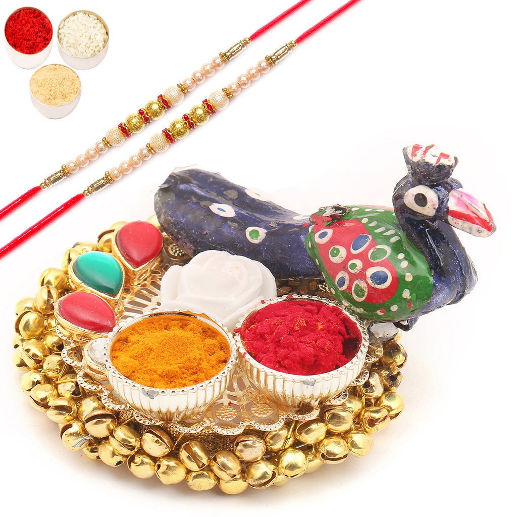 Peacock Gungroo Roli Chawal Container with 2  Pearl Rakhis