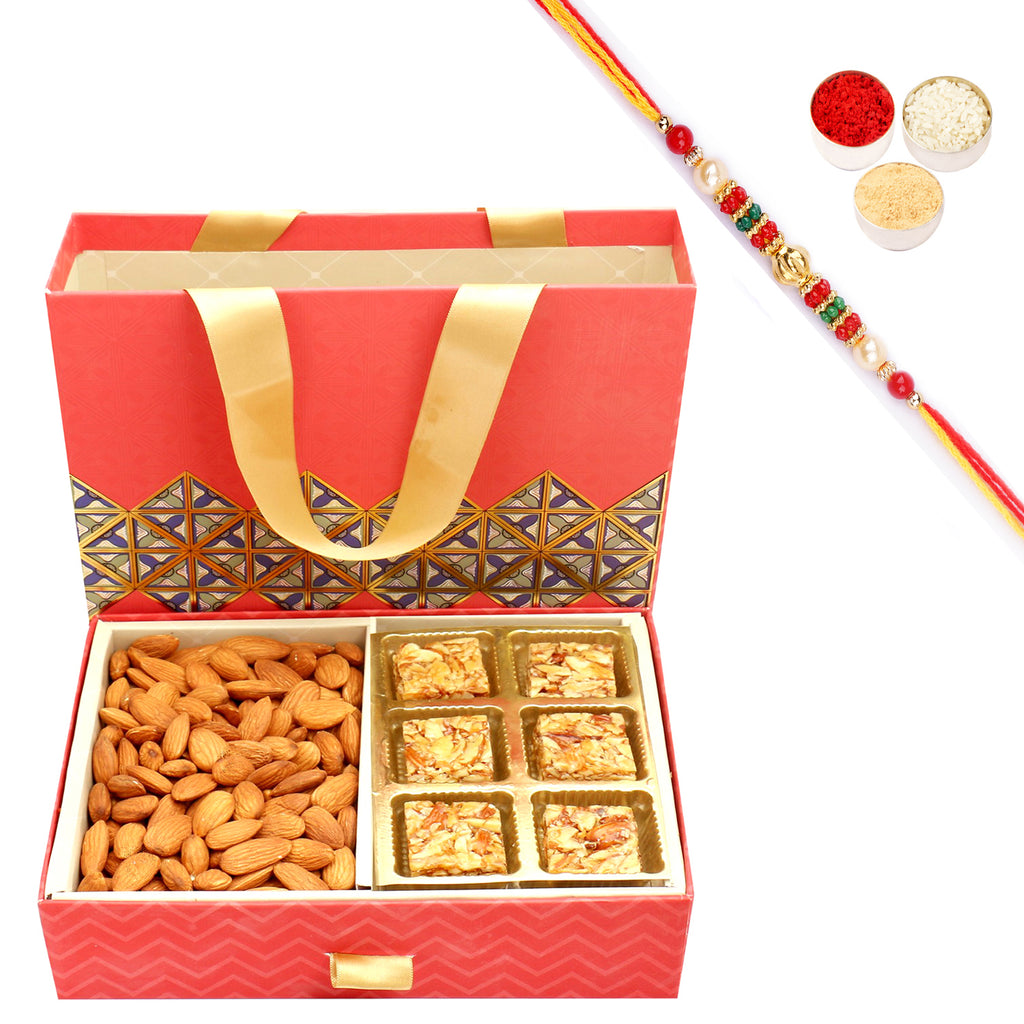 2 Part Almonds and Roasted Almond Bites Bag Box with Pearl Beads Rakhi