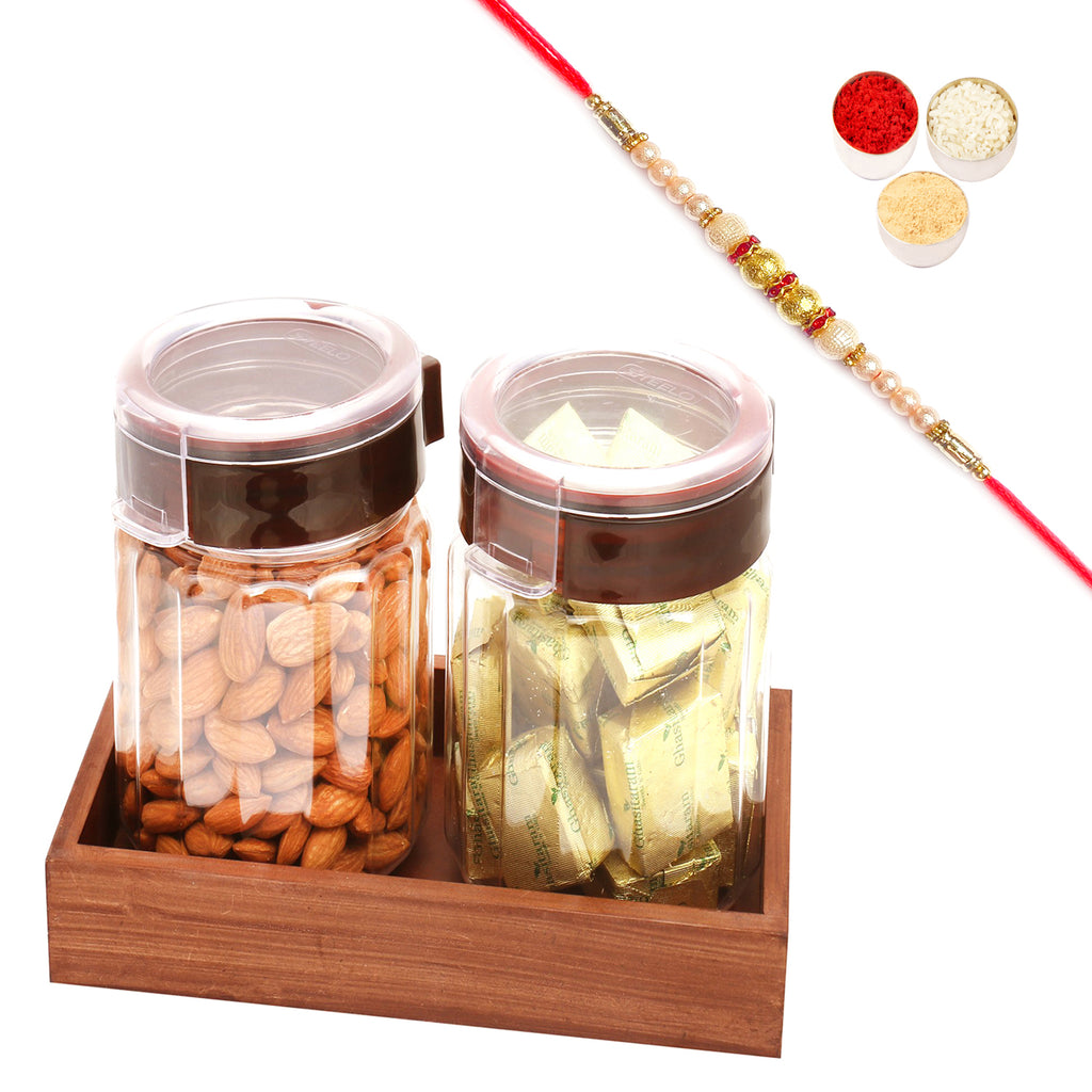 Set of 2 Almonds, Chocolates Air Tight Containers with Wooden Tray with Pearl Rakhi