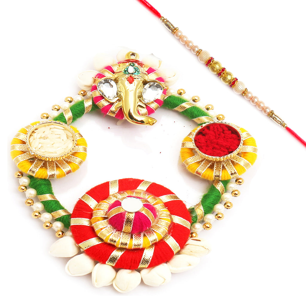 Rakhi Pooja Thalis- Colourful Acrylic Pooja Thali with Pearl Rakhi