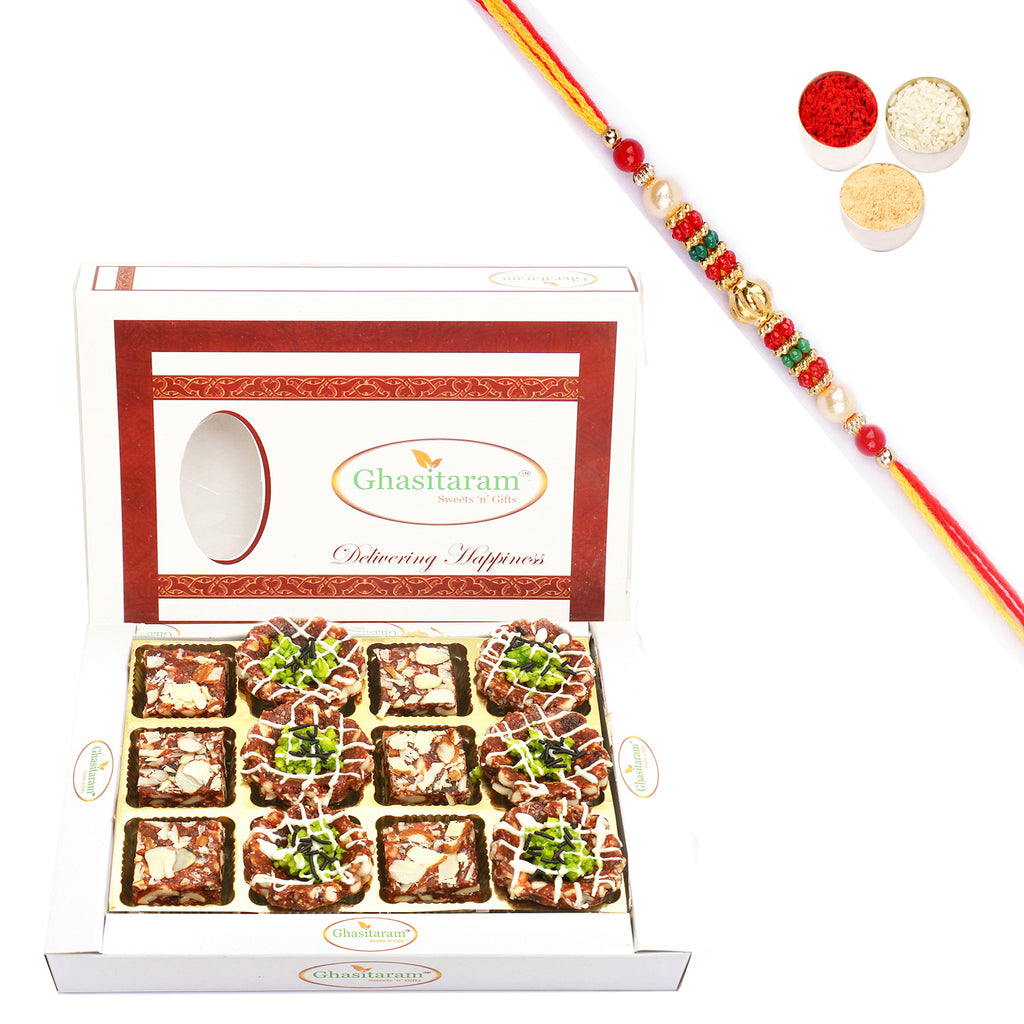 Assorted Anjeer Sweets 12 Pcs with Pearl Beads Rakhi
