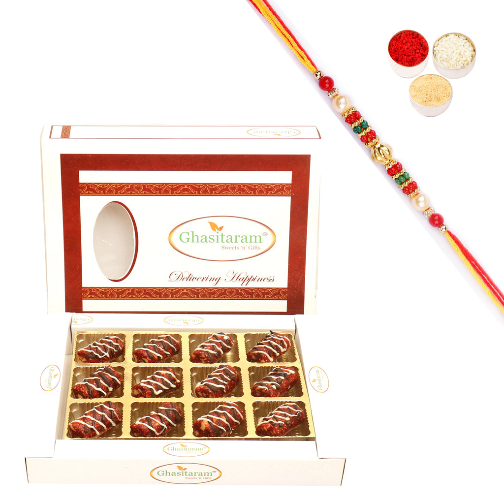 Anjeer Khajoor Chocolate Rolls in White Box with Beads Rakhi