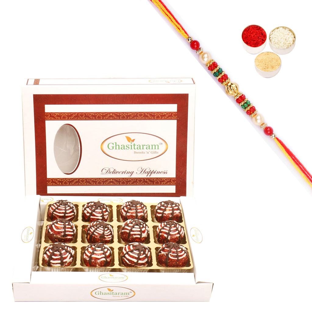 Anjeer Chocolate Laddoo in White Box with Beads Rakhi