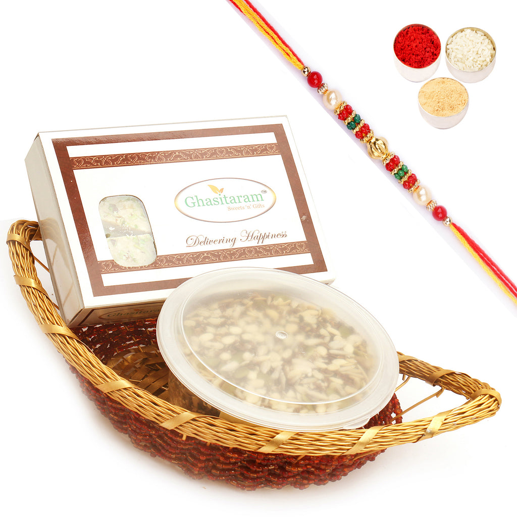 Boat Basket of Sugarfree Kaju Katli and Healthy Seeds Mix with Pearl Beads Rakhi