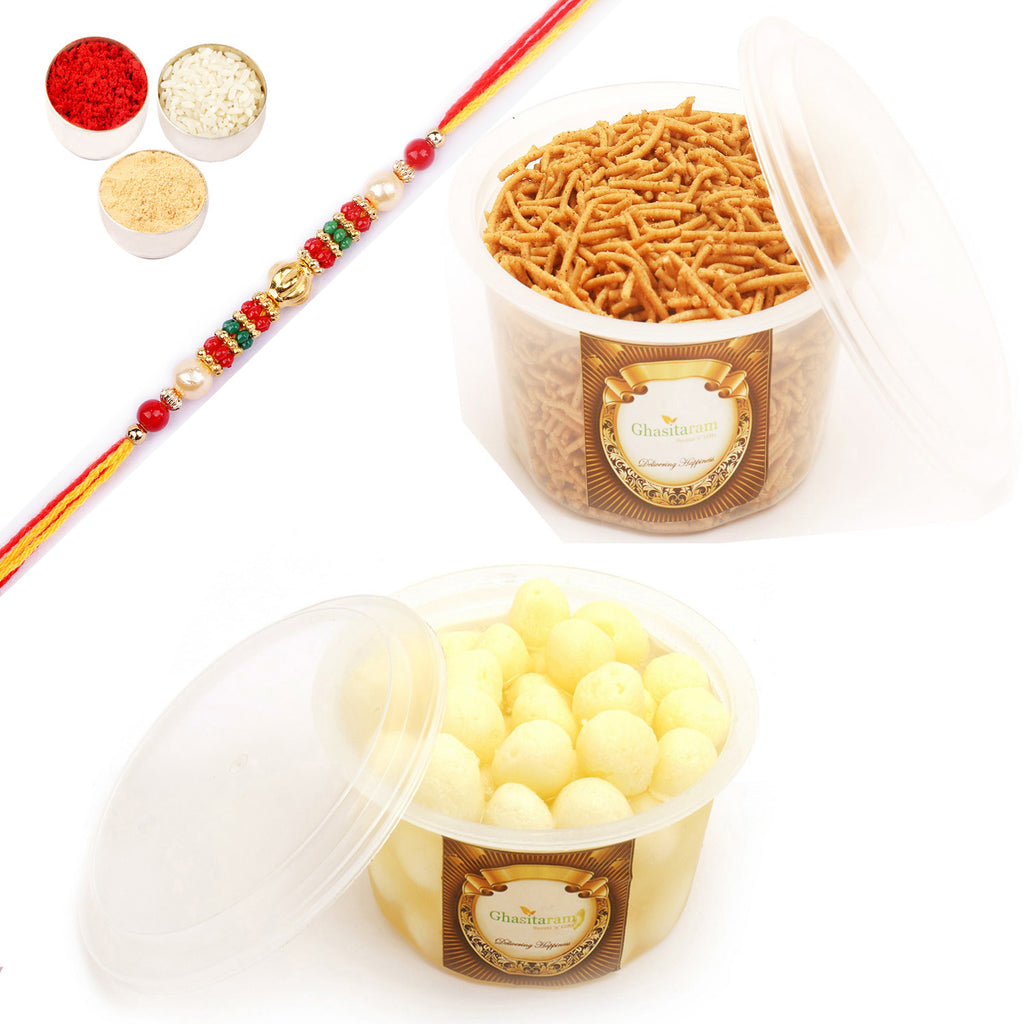 Chenna Angoor (Mini Rasgulla) and Soya Sev Hamper with Pearl Beads Rakhi