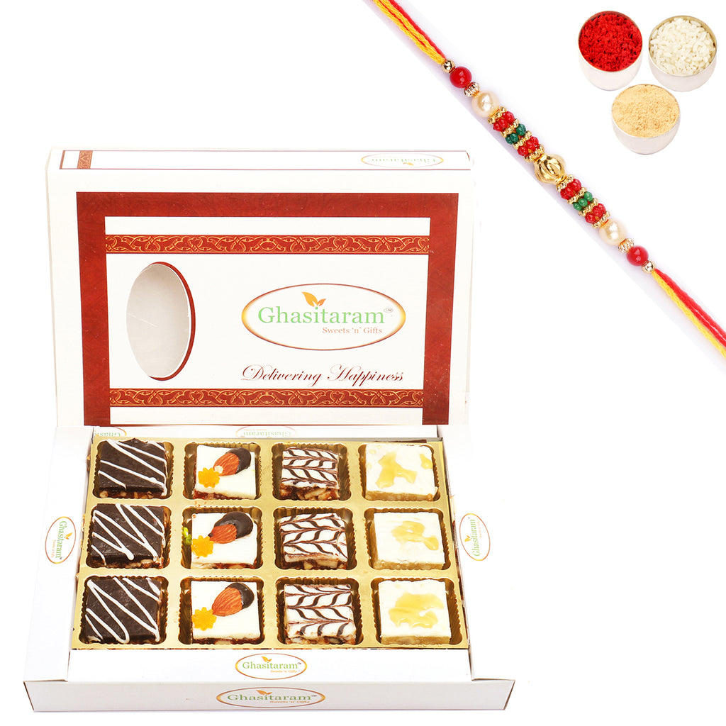 Assorted Chocolate Dryfruit Delight Sweets 12 pcs with Pearl Beads Rakhi