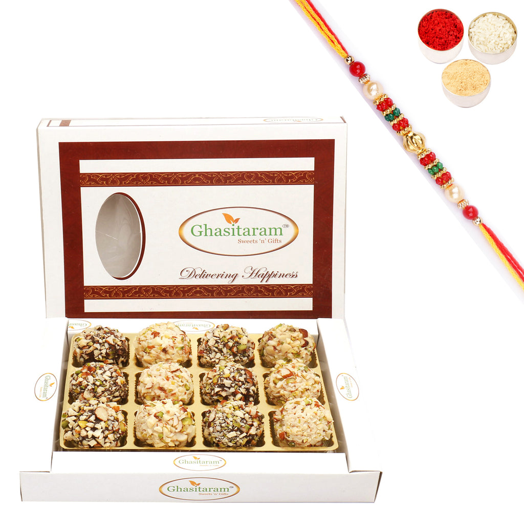 Chocolate Dryfruit Laddoos in White Box with Beads Rakhi