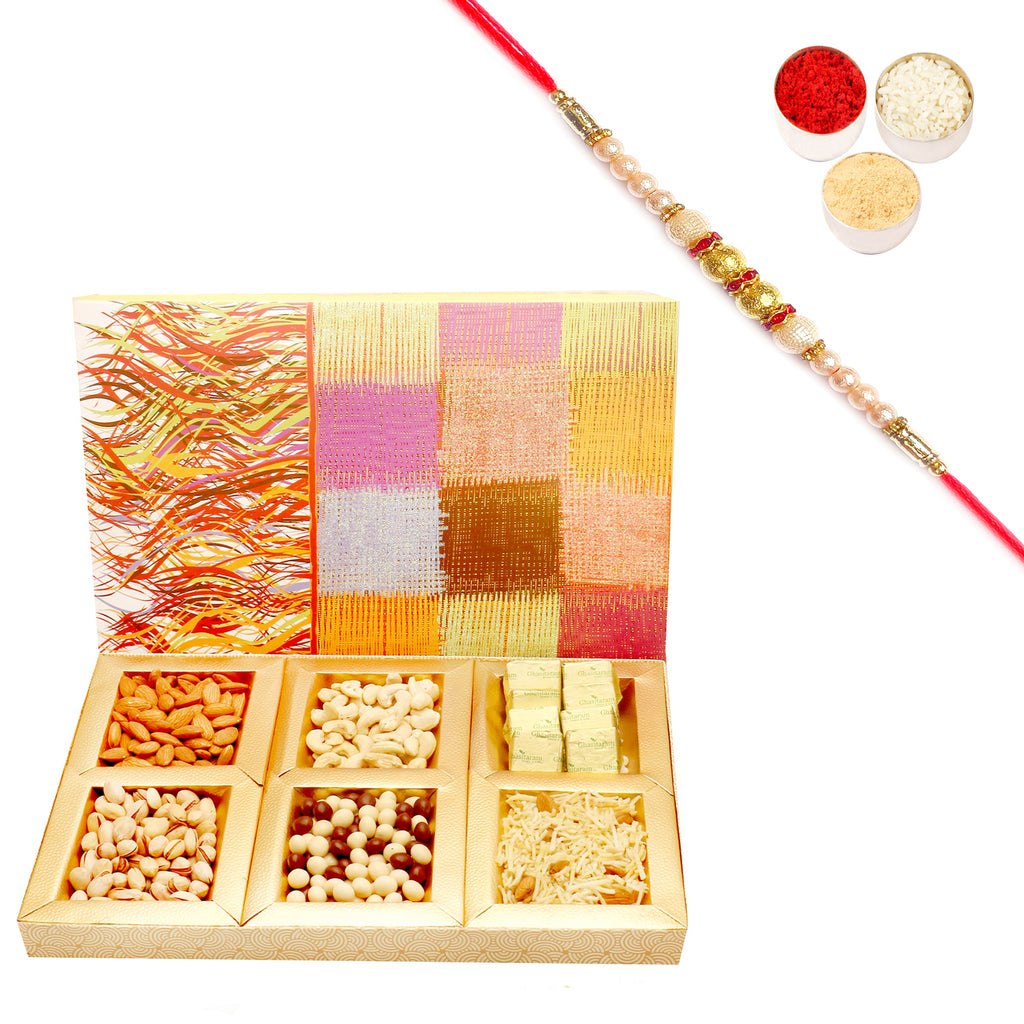Colurful Hamper box with Almonds, Cashews, Pistachios, Namkeen, Chocolate and Nutties 600 gms with Pearl Rakhi