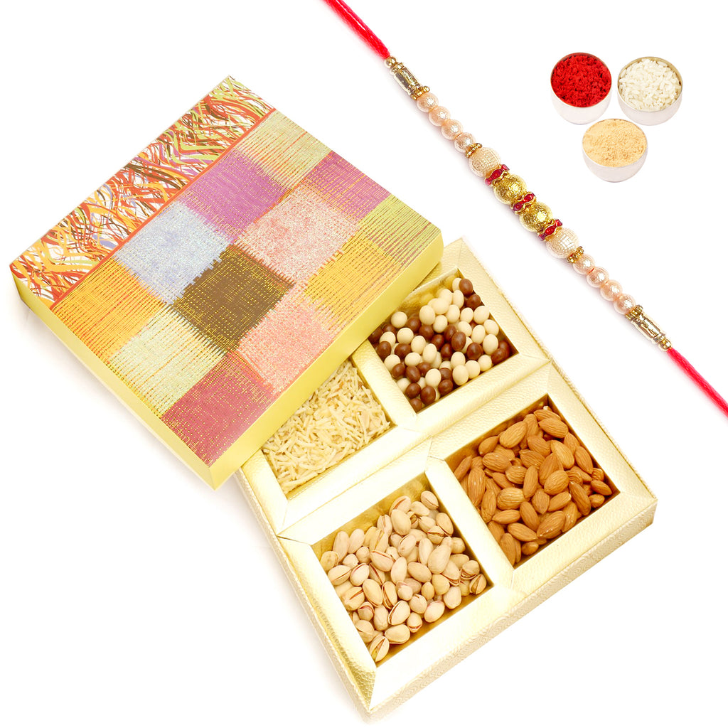 Colurful Hamper box with Almonds, Pistachios, Namkeen and  Nutties 400 gms with Pearl Rakhi