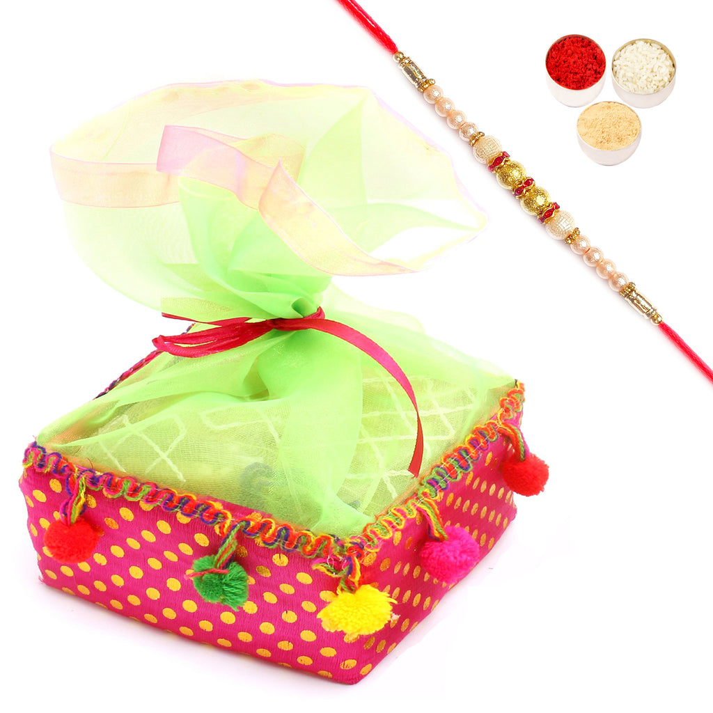 Colourful Almonds Pouch with Pearl Rakhi