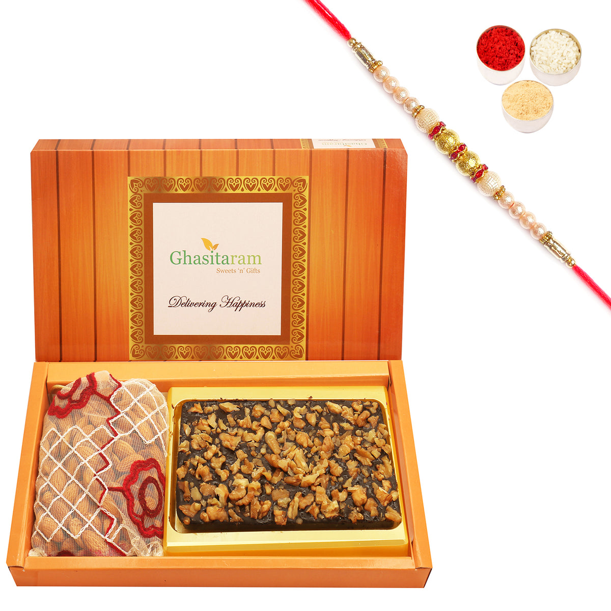 Box Of Dryfruit Chocolate Bark and Almonds Pouch with Pearl Rakhi