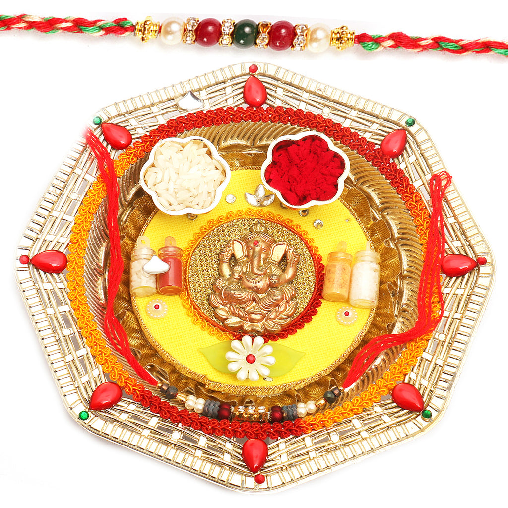 Round Ganesh Pooja Thali with Coloured Beads Rakhi