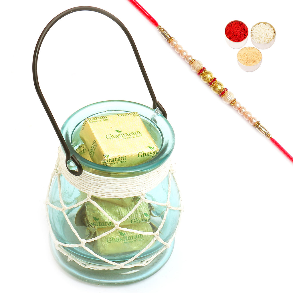 Glass T-Lite Holder with Chocolates with Pearl Rakhi