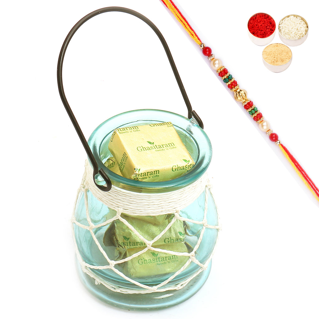 Glass T-Lite Holder with Mewa Bites with Pearl Beads Rakhi