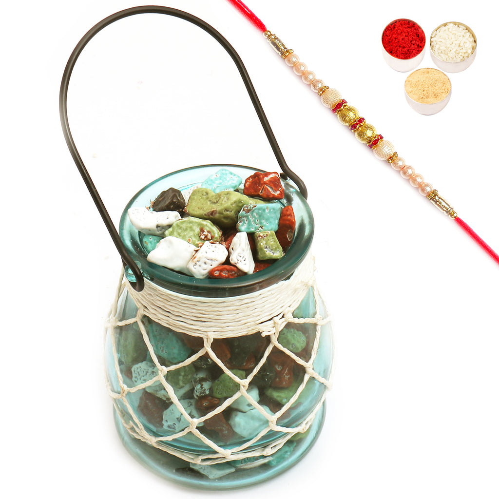Glass T-Lite Holder with Stone Chocolates with Pearl Rakhi