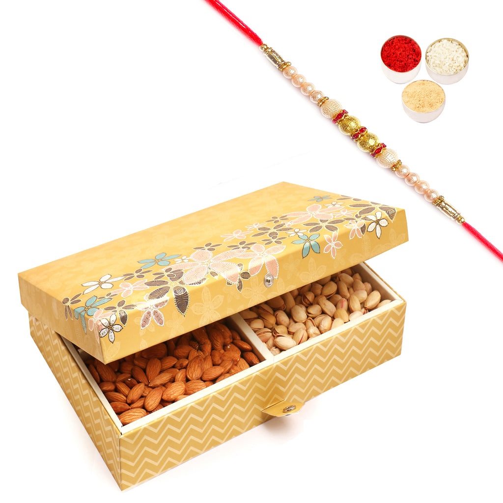 Gold 4 Print Assorted Dryfruit Box 600 gms with Pearl Rakhi