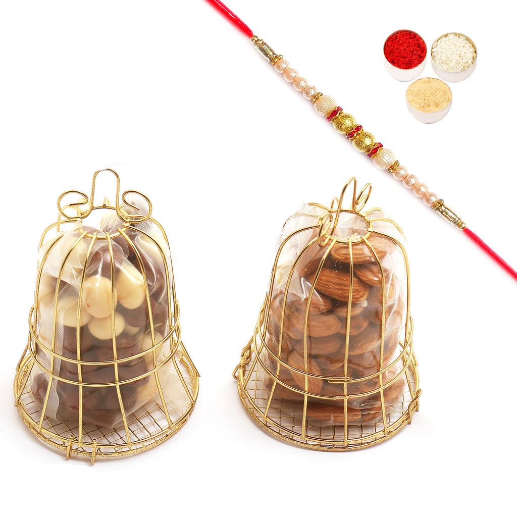 Golden Almonds and Nutties T-Lite Holders with Pearl Rakhi
