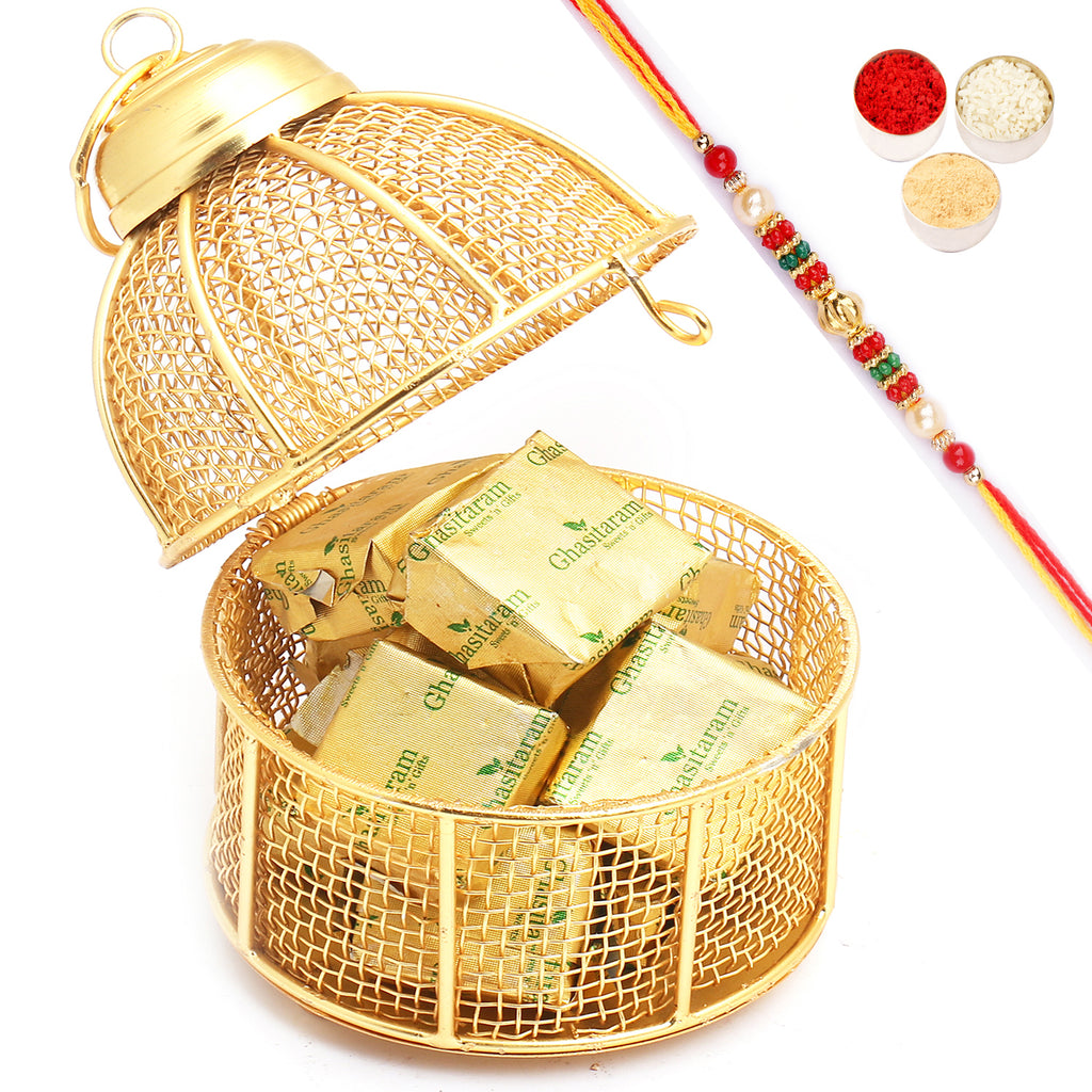 Golden Cage with Mewa Bites with Pearl Beads Rakhi