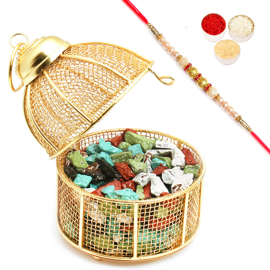 Golden Cage with Stone Chocolates with Pearl Rakhi