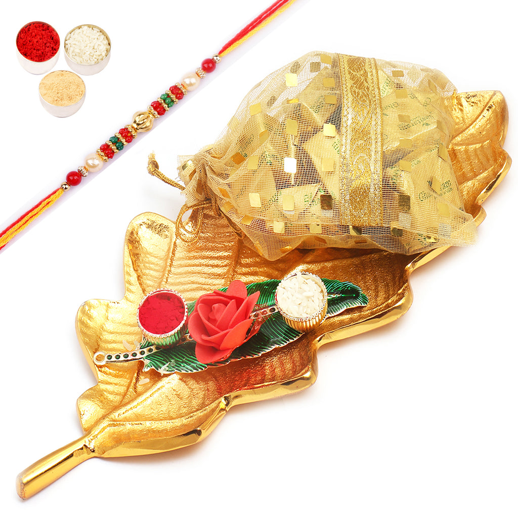  Golden Leaf Platter with Green Leaf Roli Chawal Container and Mewa Bites Pouch with Pearl Beads Rakhi