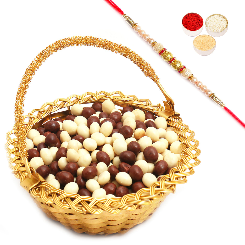 Golden Small Metal Basket filled with Nutties with Pearl Rakhi