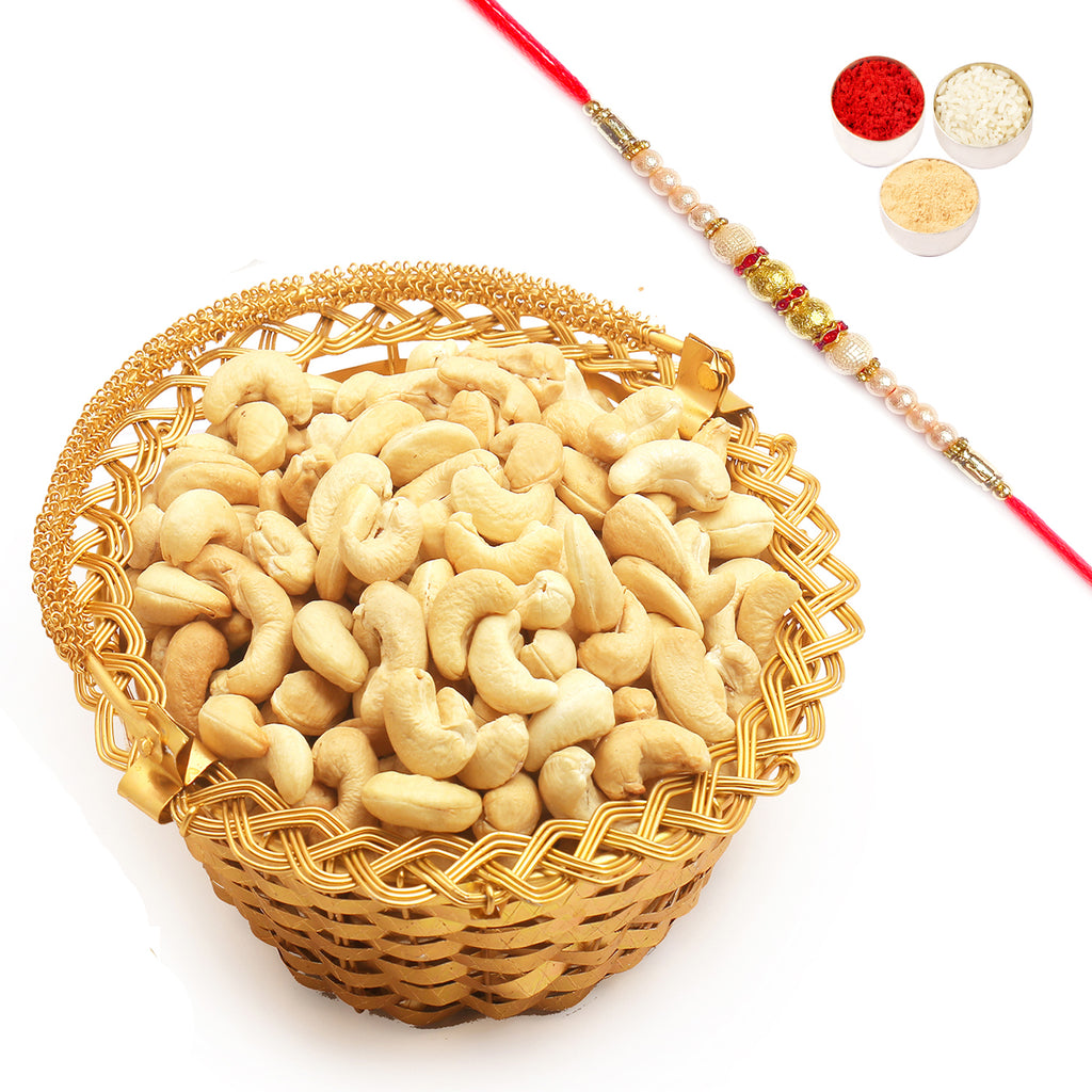 Golden Small Metal Basket filled with Roasted Salted Cashews with Pearl Rakhi