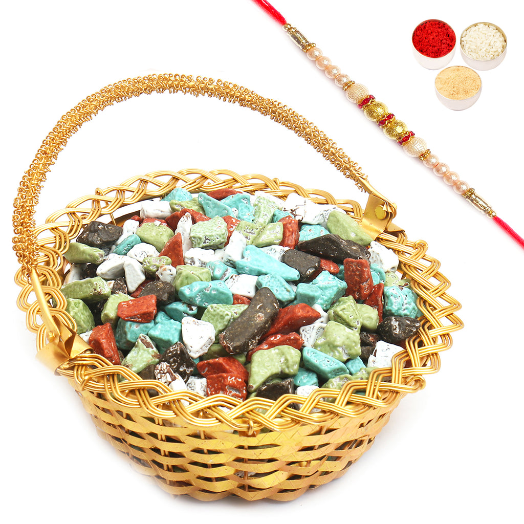 Golden Small Metal Basket filled with Stone Chocolates with Pearl Rakhi