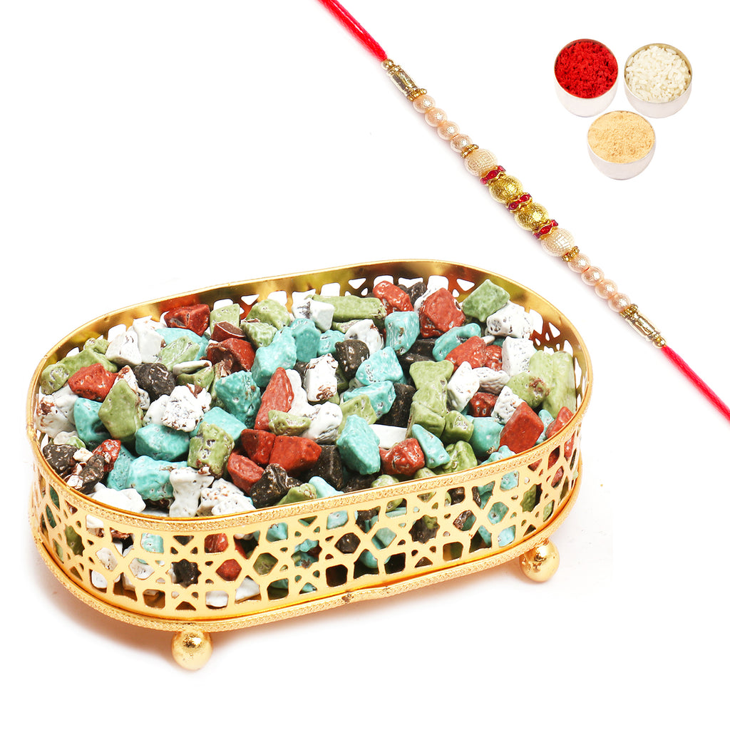 Golden Small Metal Tray filled with Stone Chocolates with Pearl Rakhi