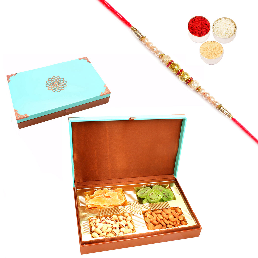 Green Wooden Assorted Dryfruit Box 400 gms with Pearl Rakhi