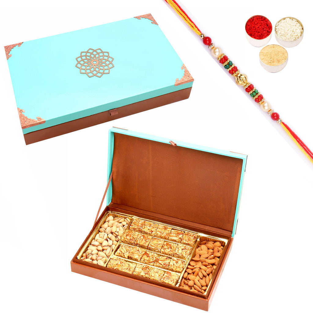 Green Wooden Hamper box with Roasted Almond Delight , Almonds and Pistachios with Pearl Beads Rakhi