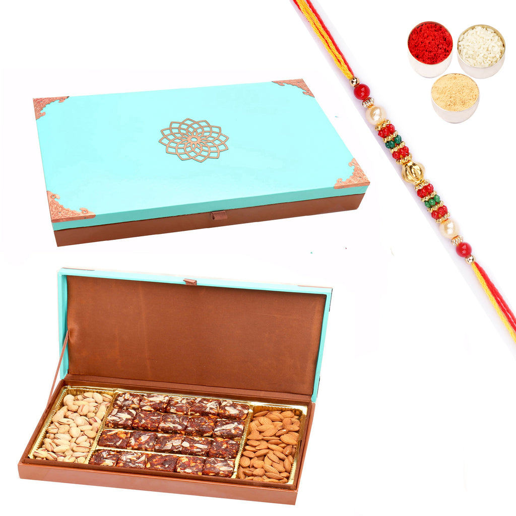 Green Wooden Hamper box with Sugarfree Dates and Figs Bites, Almonds and Pistachios with Pearl Beads Rakhi