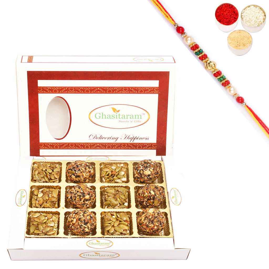 Assorted Healthy Seeds Sweets Box 12 pcs with Pearl Beads Rakhi