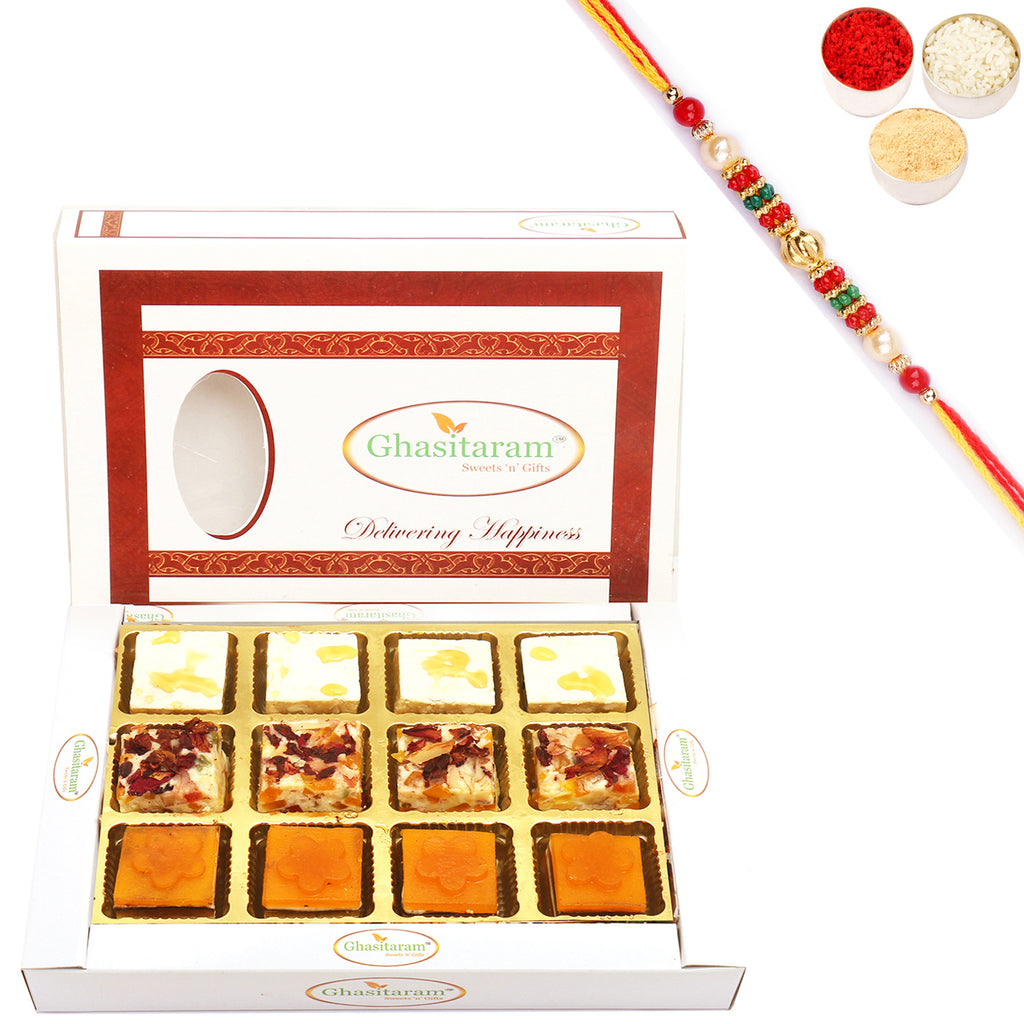 Choco Honey and Mango Delight Sweets 12 pcs with Pearl Beads Rakhi