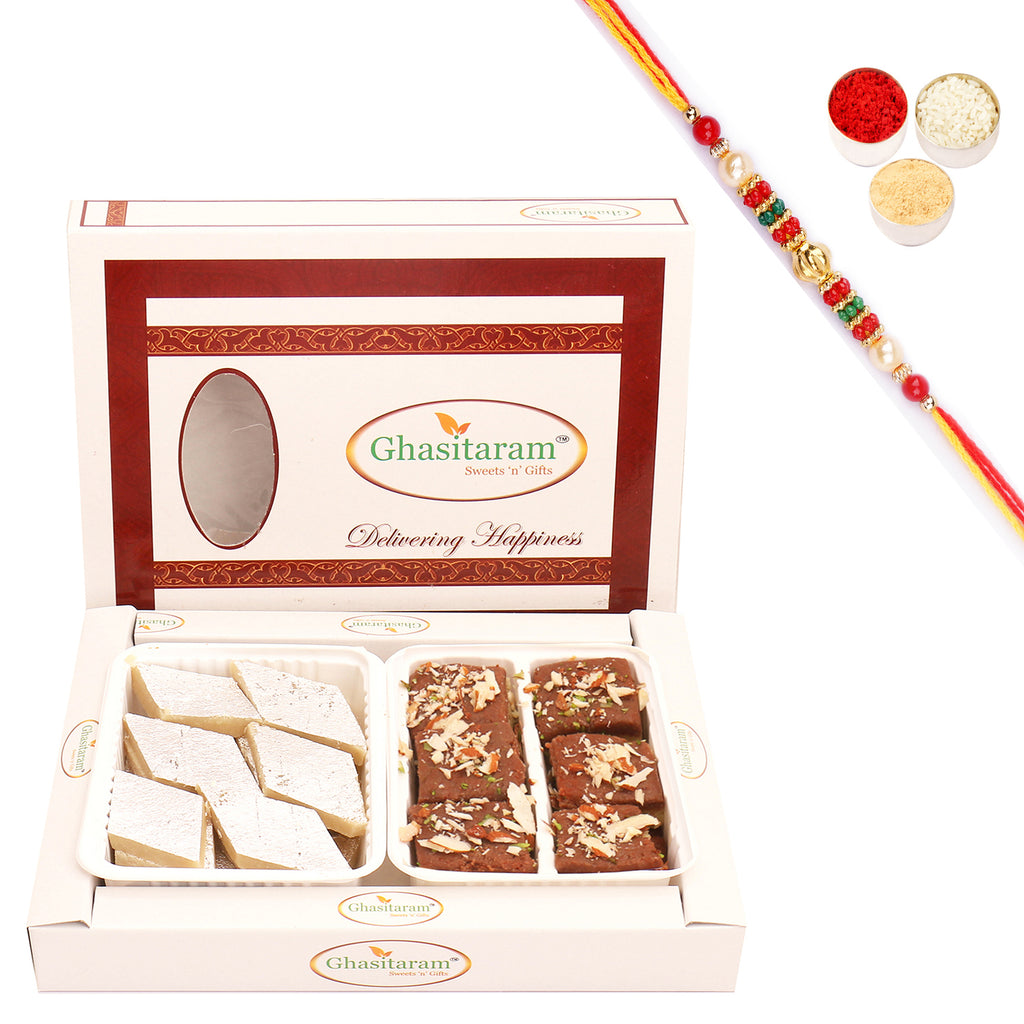 Box of Kaju Katli and Chocolate Mawa Barfi with Beads Rakhi