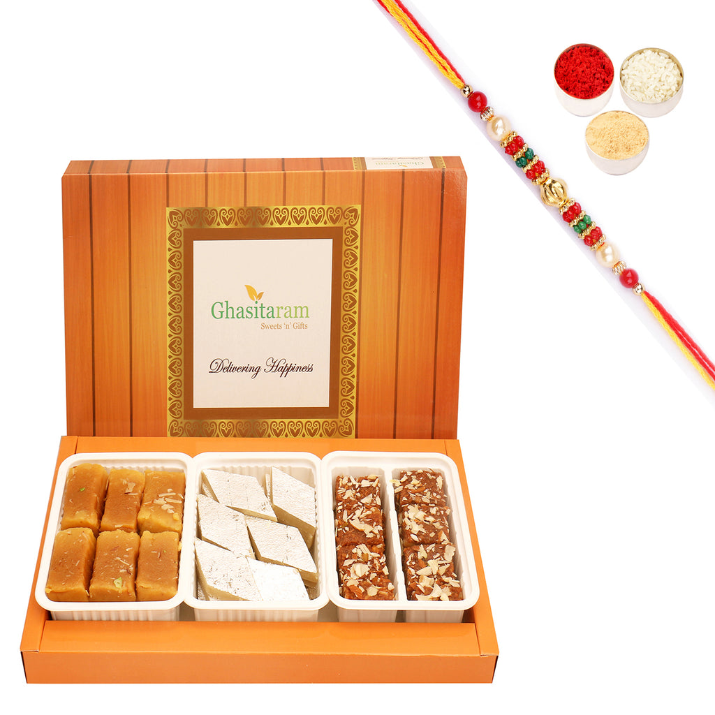 Assorted Box of Kaju Katli, Dodha Barfi and Soft Mysore Pak with Beads Rakhi