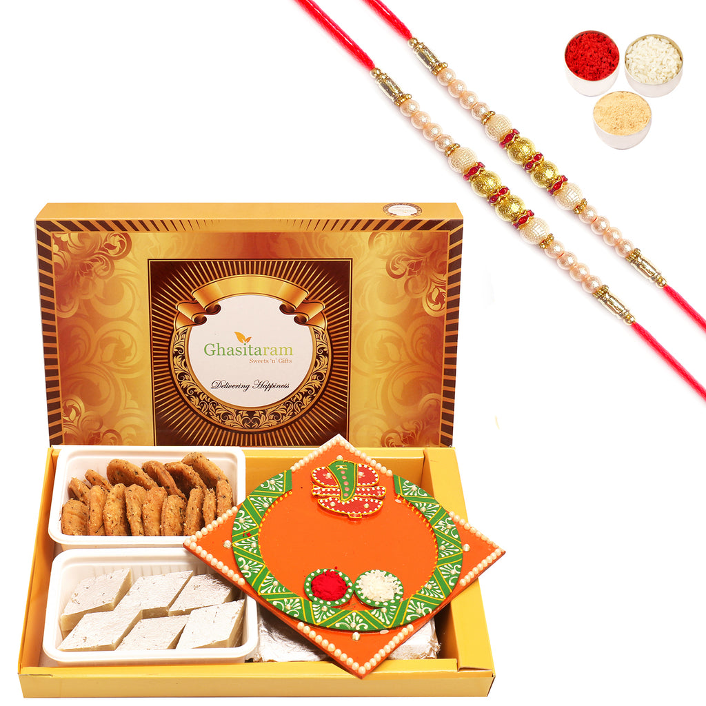 Big Box of Kaju Katli, Methi Mathi and Orange Ganesha Pooja Thali with 2 Pearl Rakhis