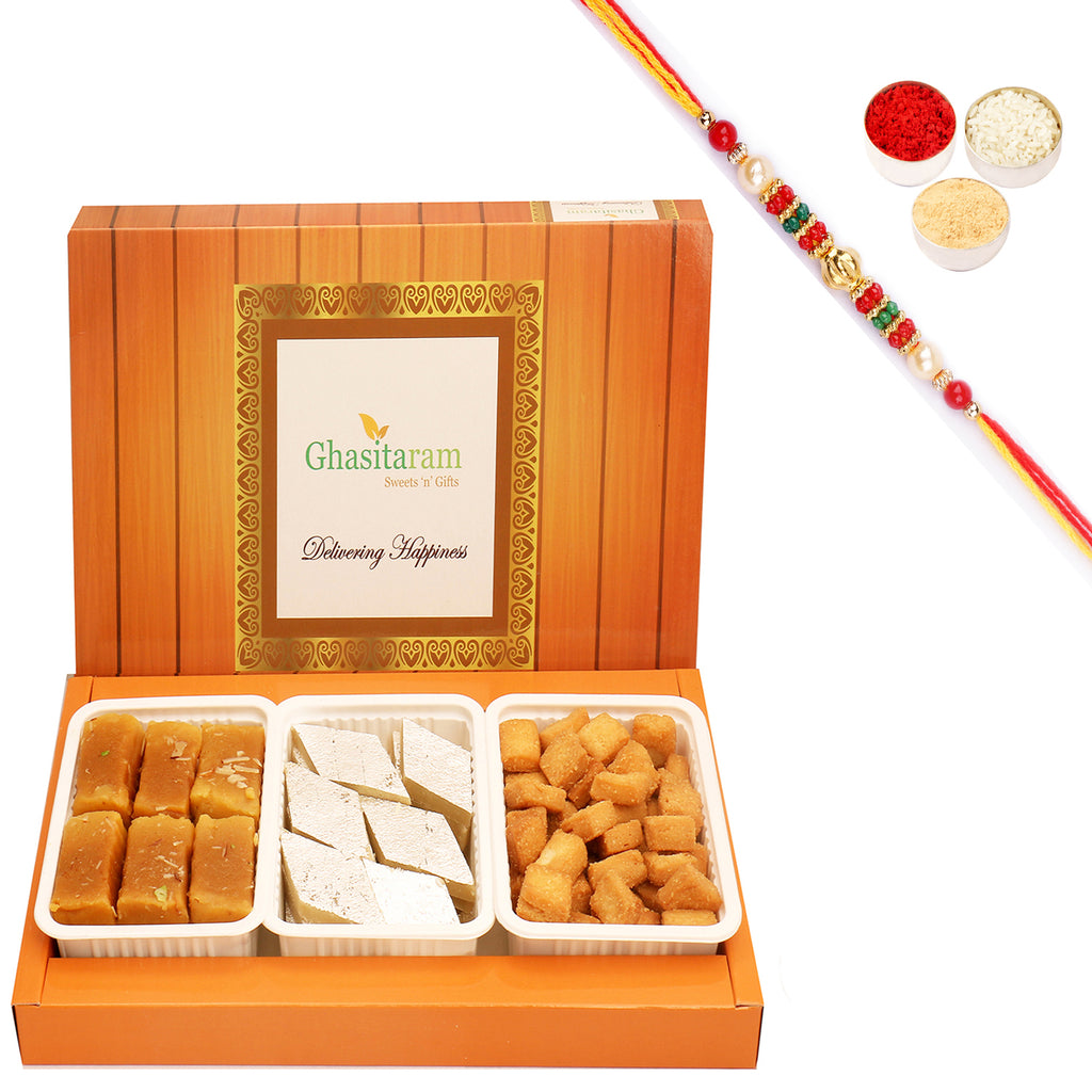 Assorted Box of Kaju Katli, Soft Mysore Pak and Shakar Pada with Beads Rakhi