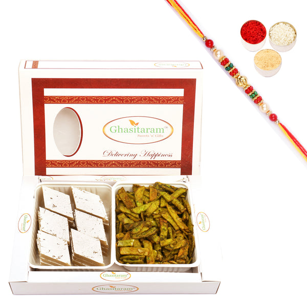 Kaju Katli and Palak Potato Chips Hamper with Pearl Beads Rakhi