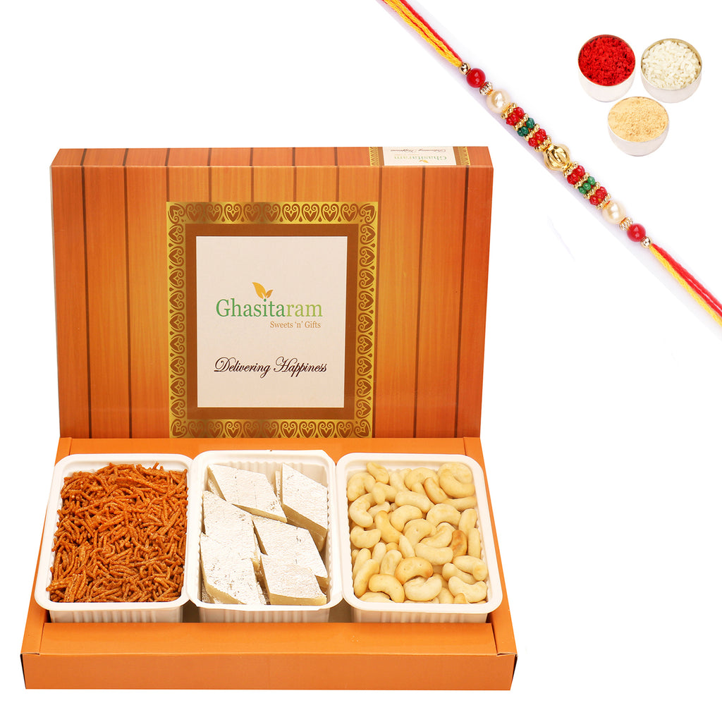 Assorted Box Kaju Katli, Soya Sev and Cashew Shaped Biscuits with Beads Rakhi