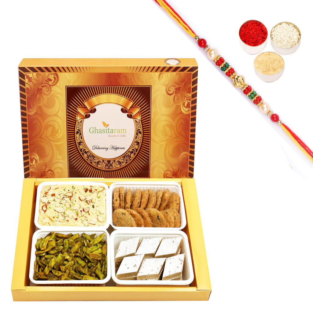Big Box of Kaju Katli, Soan Papdi, Methi Mathi and Potato Palak Chips with Beads Rakhi